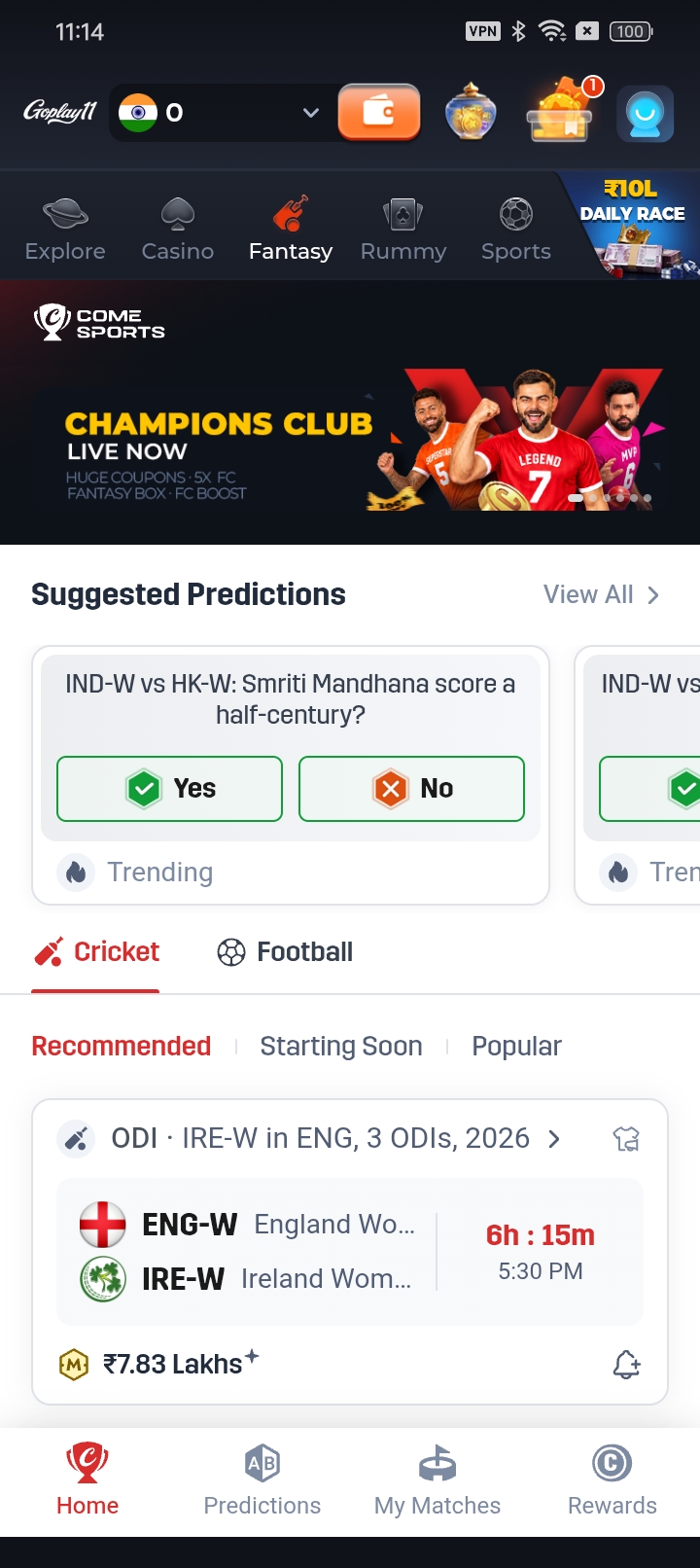 GOPLAY11 fantasy and sports app screen
